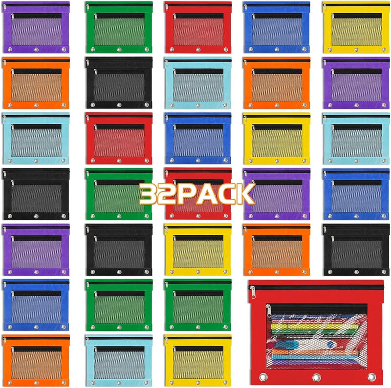 IKAYAS 32 Colorful Pencil Pouches with Zipper - 3 Ring Binder Pencil Case for Classroom & Teacher Supplies - Image 1